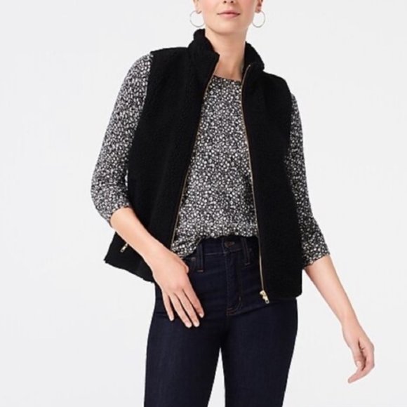 J. Crew Black Sherpa Faux Fur Vest, sz Large - Picture 2 of 7
